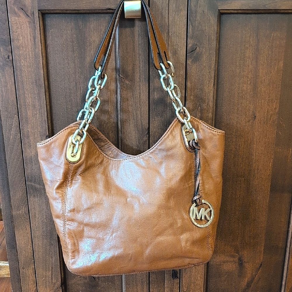Michael Kors Lilly Walnut Soft Leather Gold Chain Strap Tote Shoulder Bag